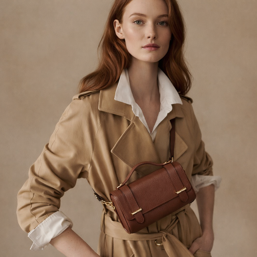 Maison Fanli Margot brown leather clutch bag worn crossbody with beige trench coat, Parisian style