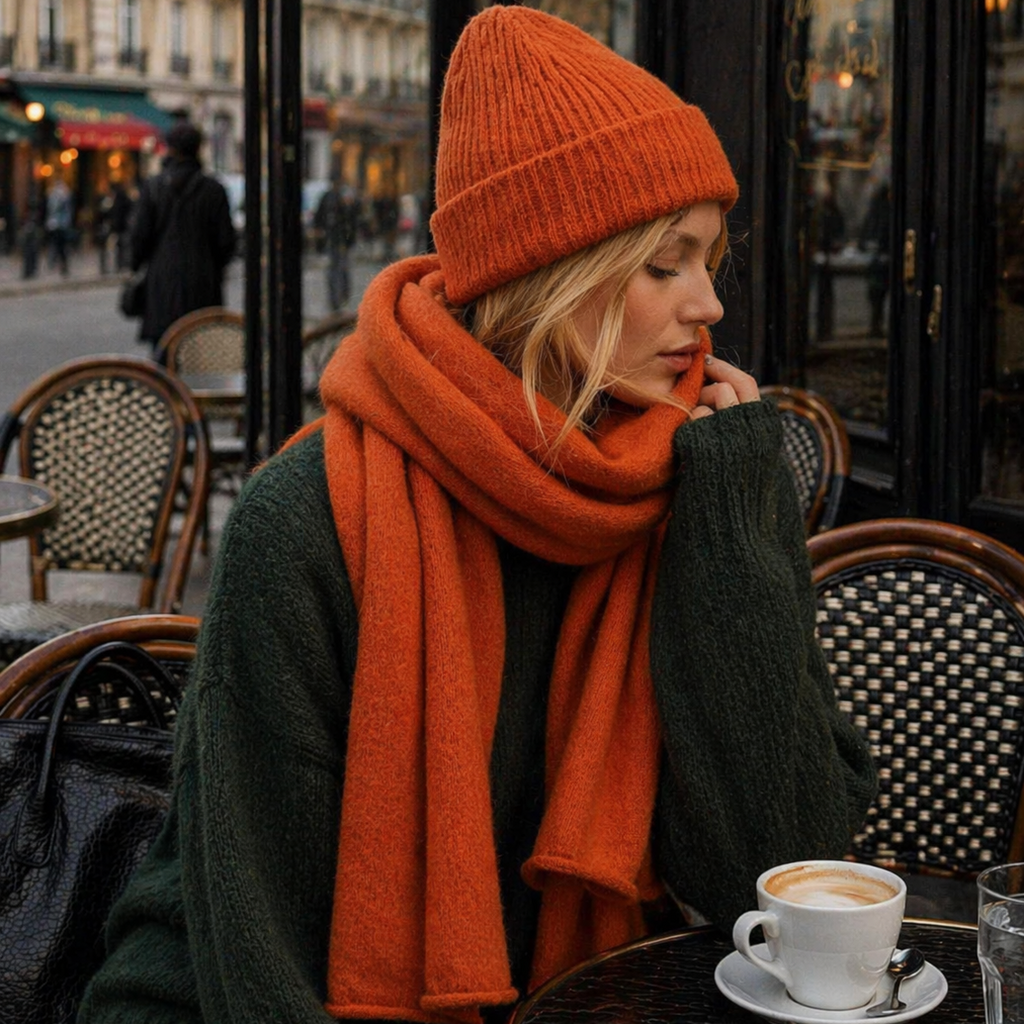 woman wearing cashmere blend knit beanie and scarf in winter cafe setting