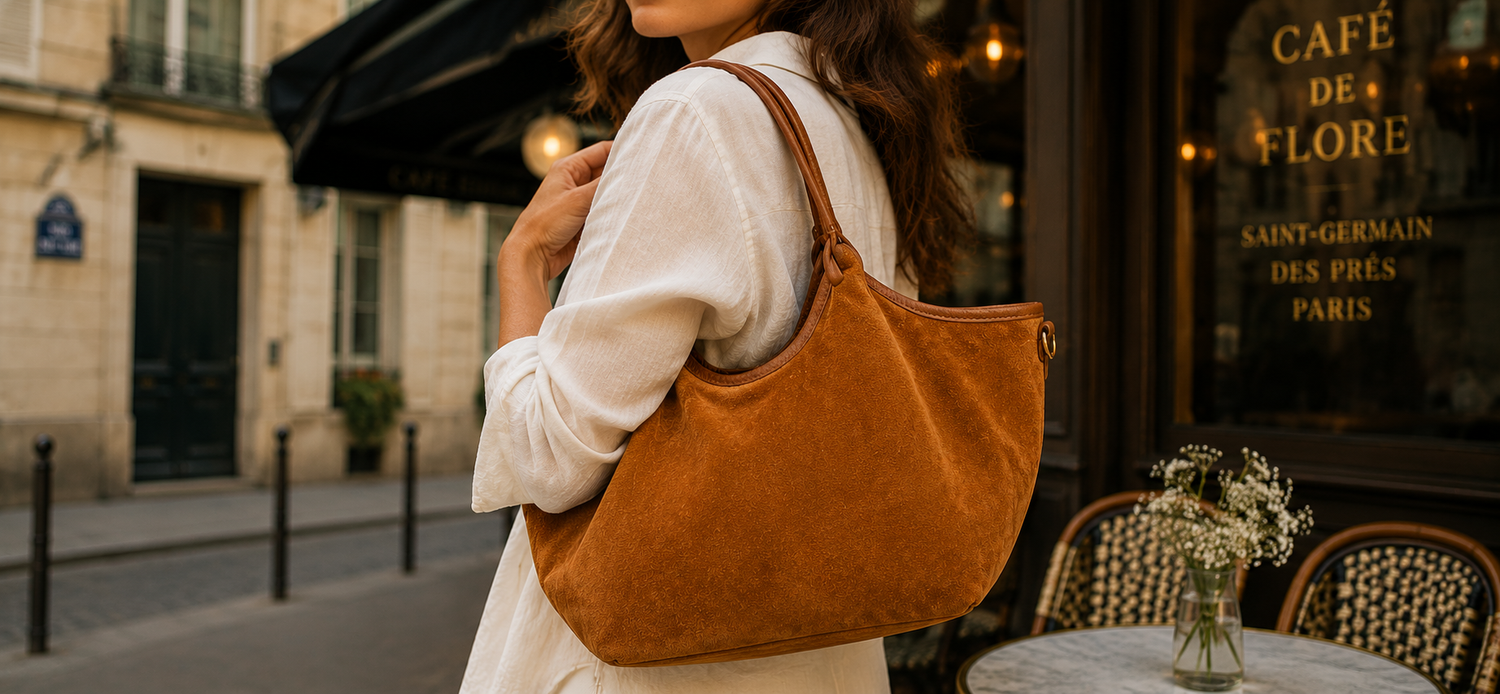 Maison Fanli camel Hector leather handbag with silk scarf, Paris styling