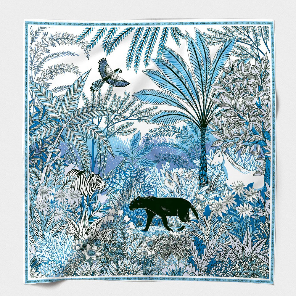 MAISON FANLI Night Panther Blue cotton and silk scarf 140x140cm with panther print