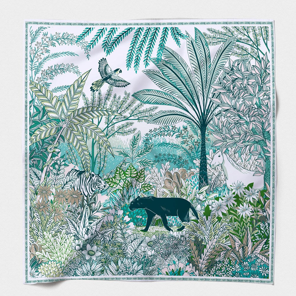 MAISON FANLI Night Panther Green cotton and silk scarf 140x140cm with panther print