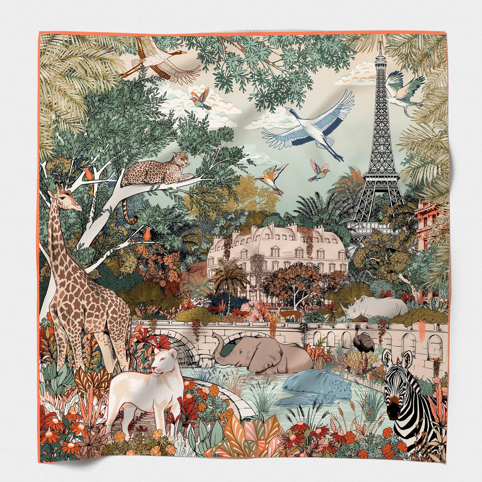 MAISON FANLI Wool & Silk Scarf 110x110cm - Wild Paris Dark Green