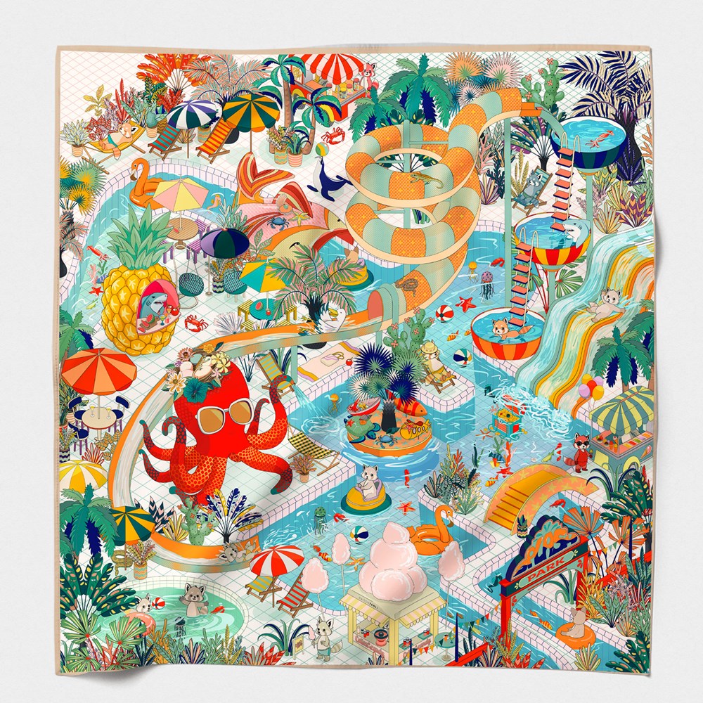 MAISON FANLI Aquaparc Original cotton and silk scarf 140x140cm with colourful illustrated print
