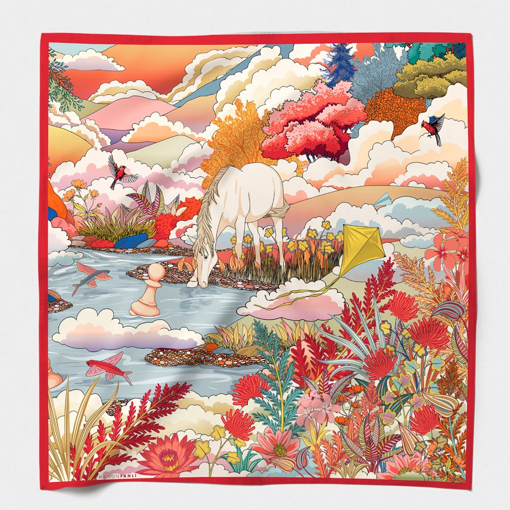 MAISON FANLI Enchanted Horse Red cotton and silk scarf 140x140cm with horse print