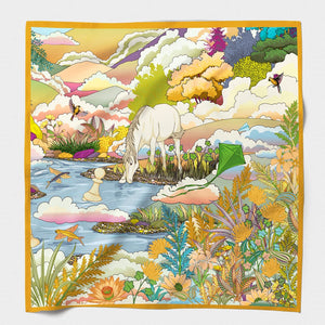 MAISON FANLI Silk Scarf 50x50cm  Enchanted Horse Mustard