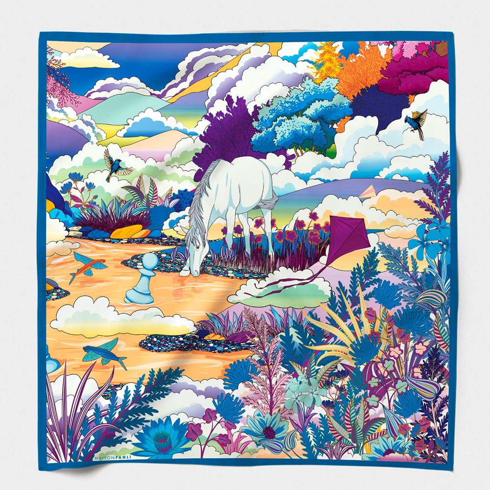 MAISON FANLI Silk Scarf 50x50cm  - Enchanted Horse Blue
