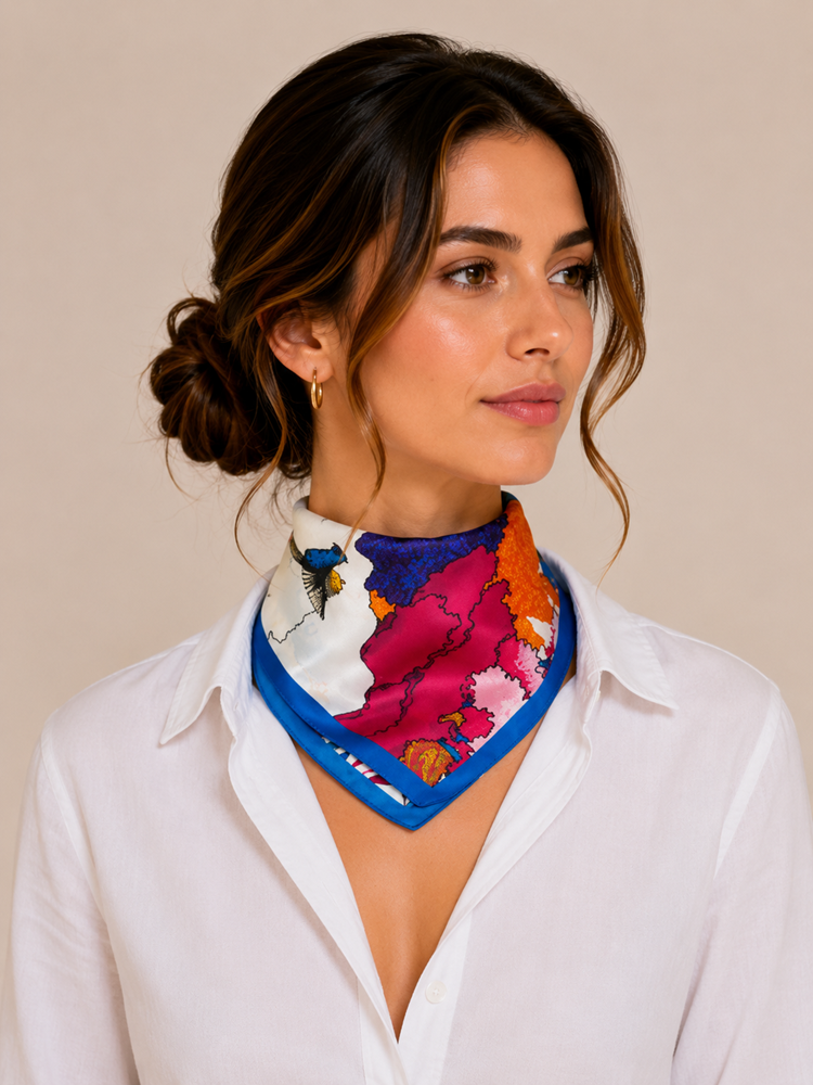 MAISON FANLI Silk Scarf 50x50cm  - Enchanted Horse Blue
