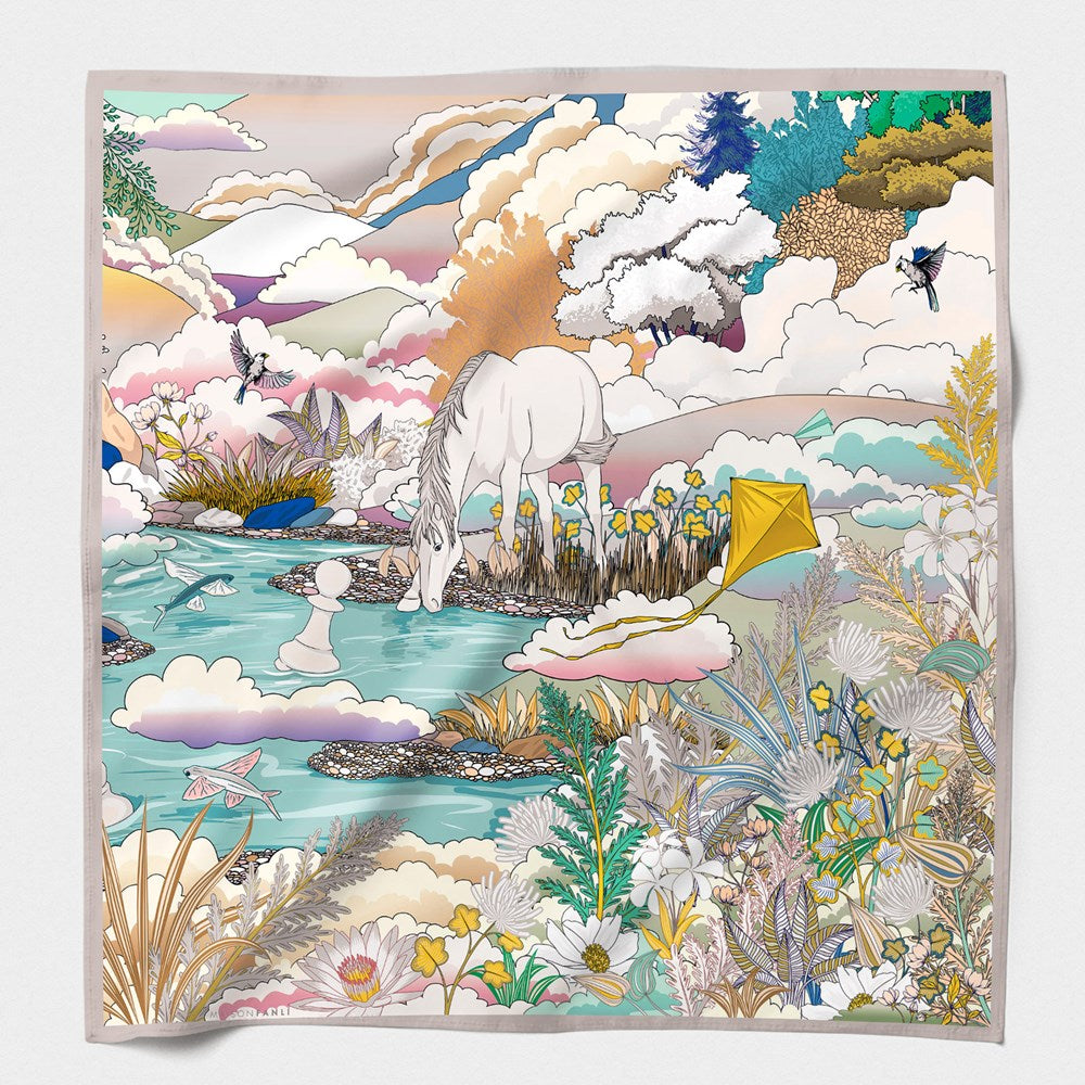 MAISON FANLI Cotton & Silk scarf 70x70cm - Enchanted Horse Pastel