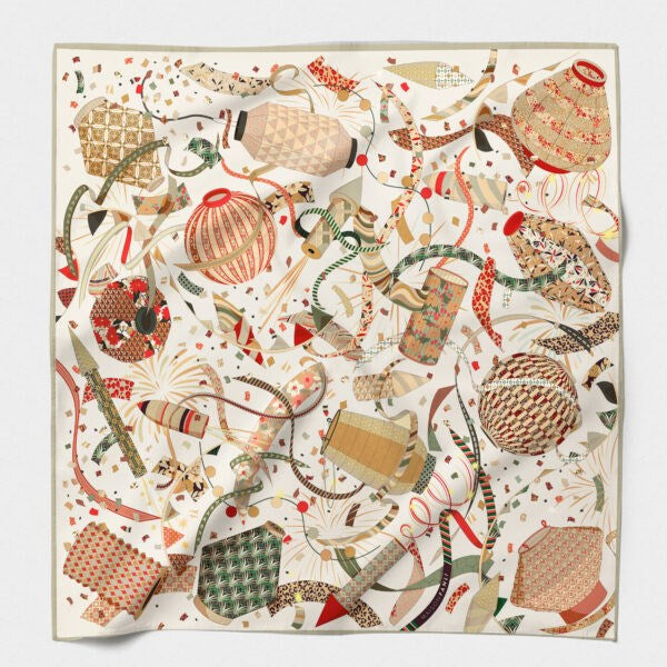 MAISON FANLI Lanterns Red cotton and silk scarf 140x140cm with decorative lantern print