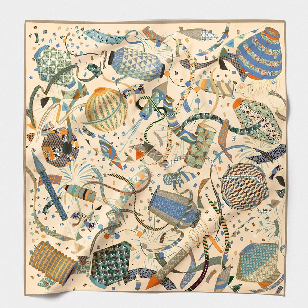 MAISON FANLI Lanterns Blue cotton and silk scarf 140x140cm with decorative lantern print