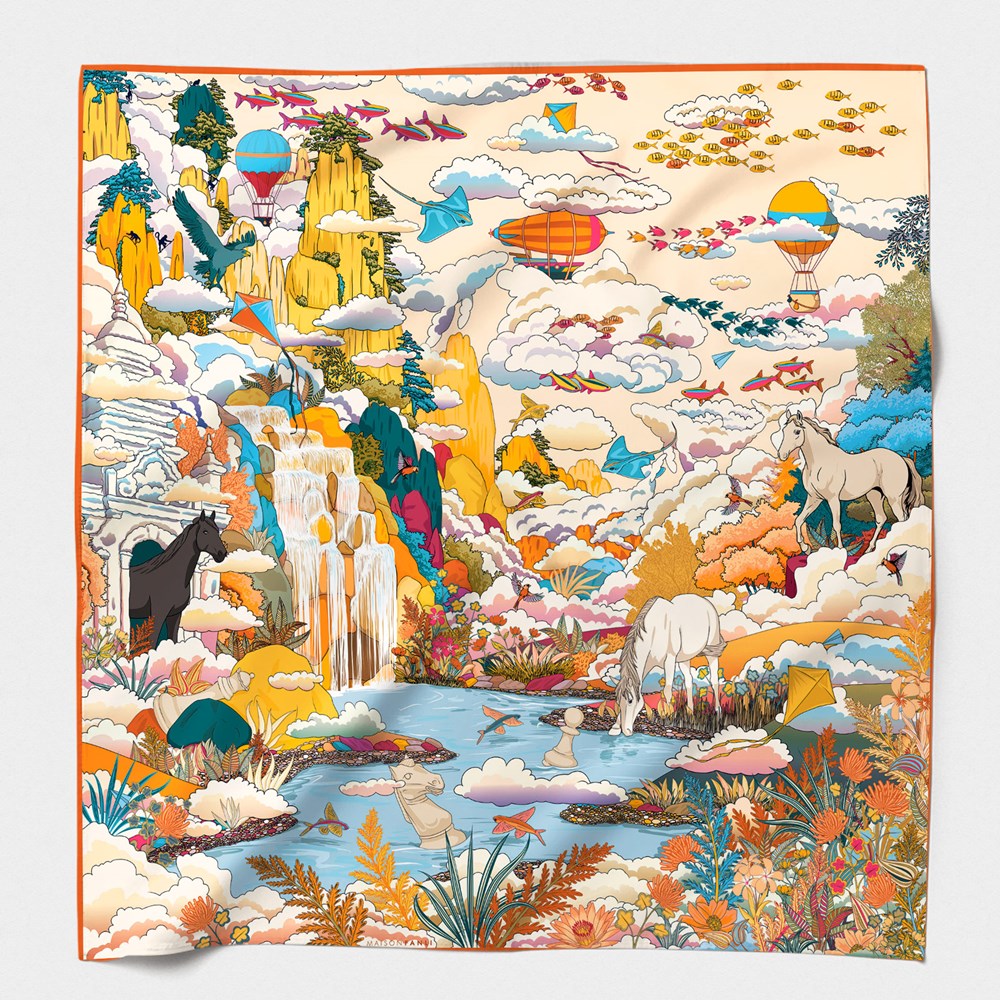 MAISON FANLI Silk Scarf 50x50cm Imaginary World Pastel Blue