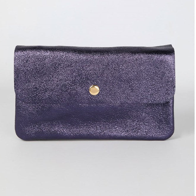 MAISON FANLI leather clutch crossbody bag in metallic leather, Dark Blue 