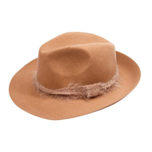 Modern felt fedora hat in Camel finished with a soft mohair ribbon