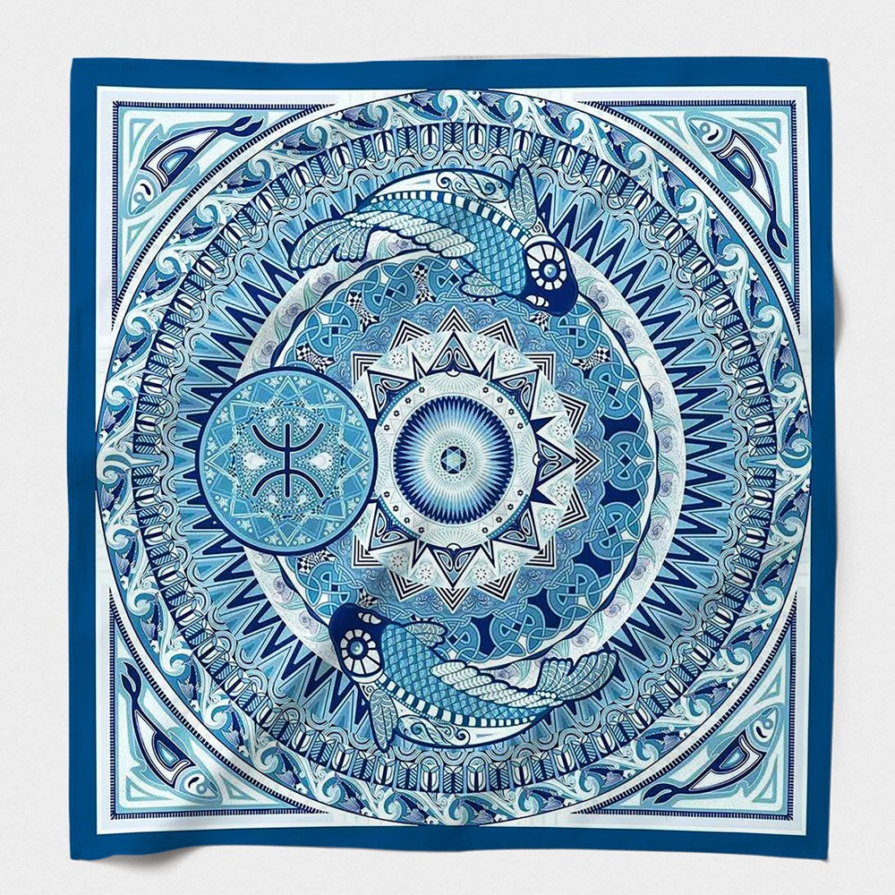 MAISON FANLI Astro Pisces Blue cotton and silk scarf 140x140cm with celestial zodiac motif