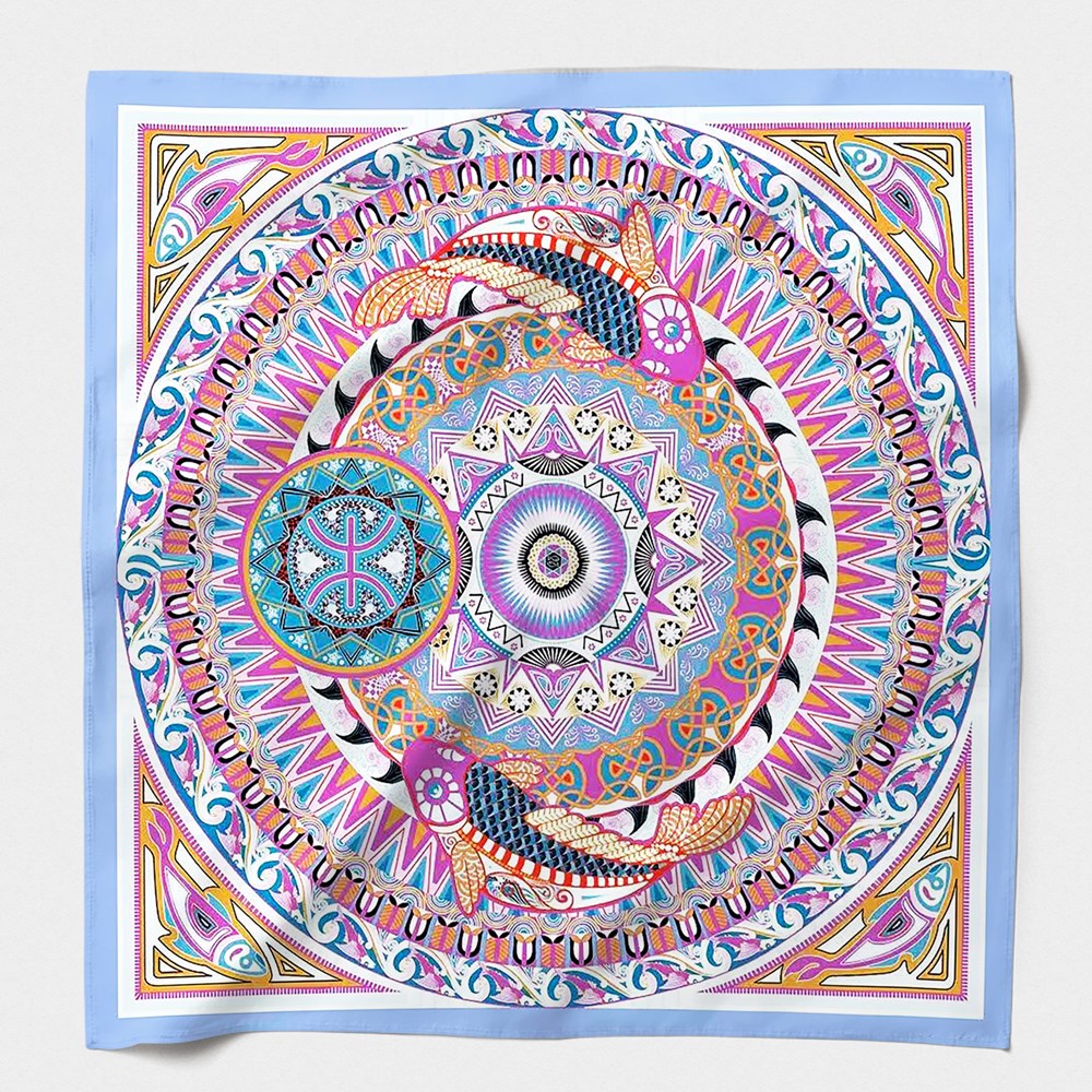 MAISON FANLI Astro Pisces Pink cotton and silk scarf 140x140cm with celestial zodiac motif
