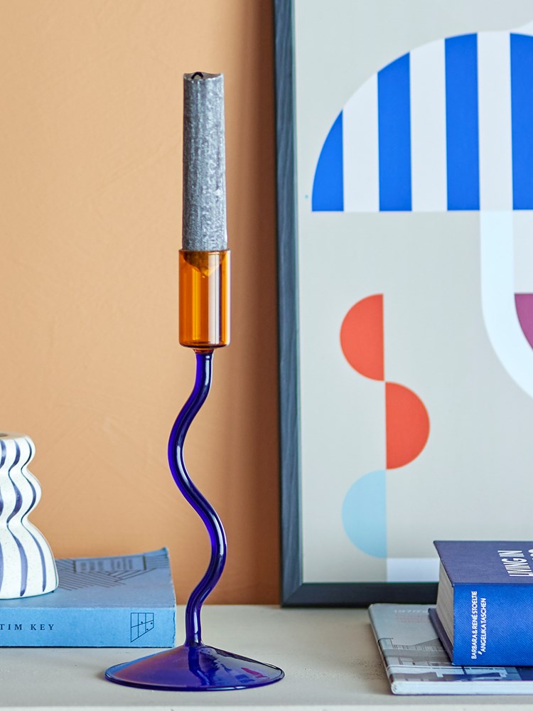 Ada Candle Holder, Blue, Glass