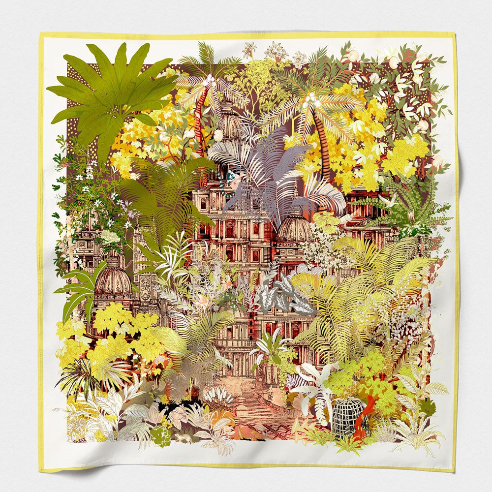 MAISON FANLI Forgotten Temple Yellow Green cotton and silk scarf 140x140cm with botanical temple print