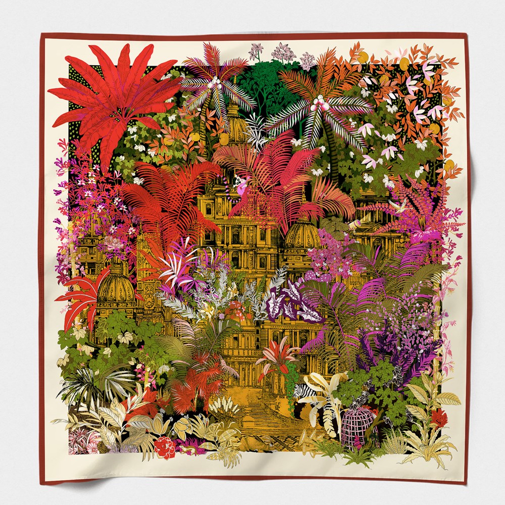 MAISON FANLI Forgotten Temple Red cotton and silk scarf 140x140cm with botanical temple print