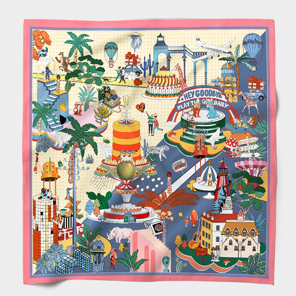 MAISON FANLI Gateaux Fous Pink Lavender cotton and silk scarf 140x140cm with colourful illustrated print