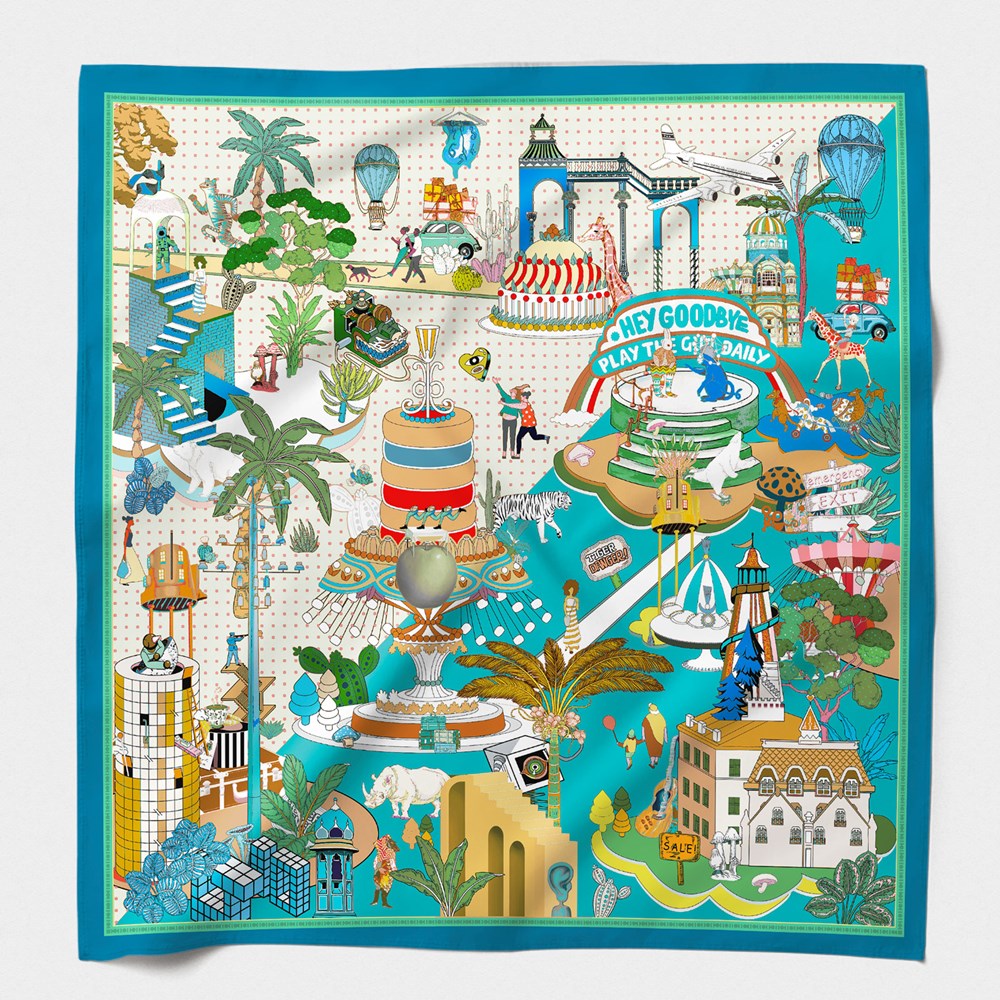 MAISON FANLI Gateaux Fous Turquoise Lavender cotton and silk scarf 140x140cm with colourful illustrated print