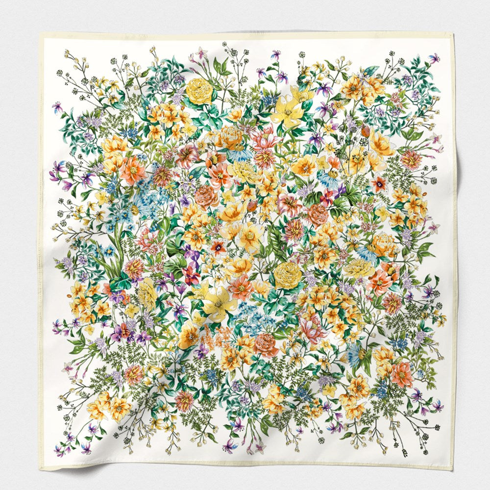 MAISON FANLI Floral Bouquet Yellow cotton and silk scarf 140x140cm with floral print