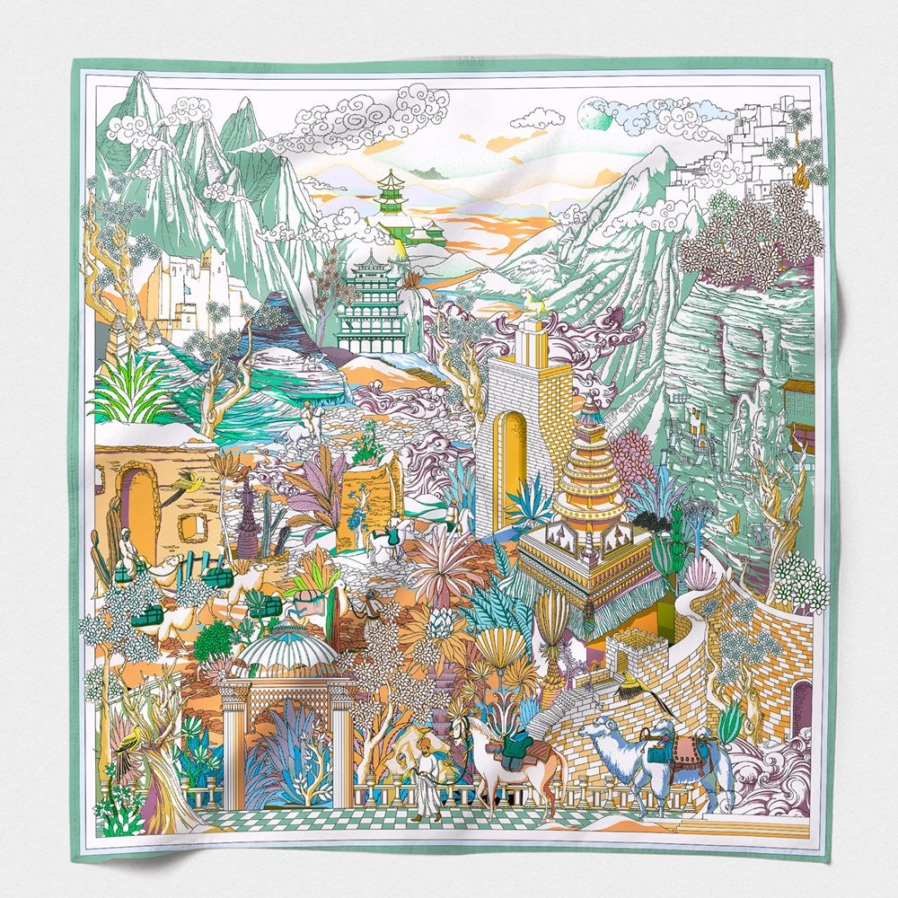 MAISON FANLI Silk Road Aqua Green cotton and silk scarf 140x140cm with illustrated print