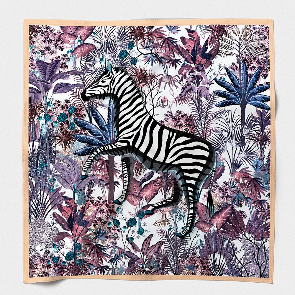 MAISON FANLI Silk Scarf 50x50cm  - Zebra Purple Tropical print