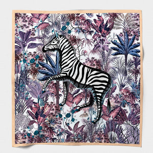 MAISON FANLI Silk Scarf 50x50cm  - Zebra Purple Tropical print