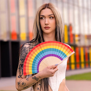 Fisura hand fan shown open with printed design "Rainbow".