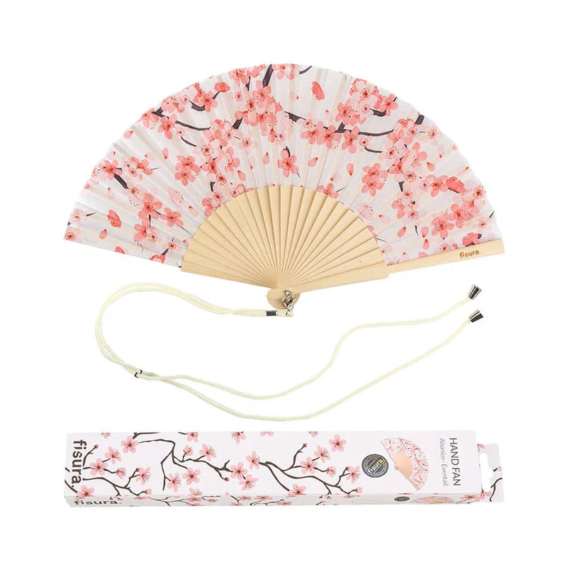 Fisura hand fan shown open with printed Japanese inspired design "Sakura"