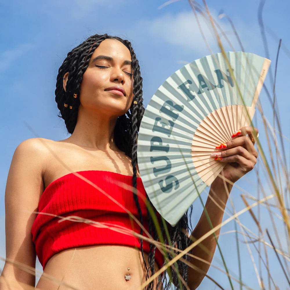 Fun Fisura hand fan shown open with printed design "Super Fan".