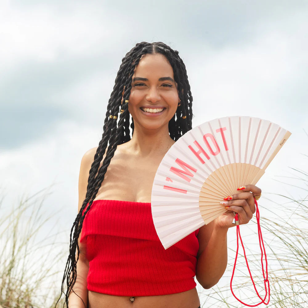  Fun Fisura hand fan shown open with printed design "I'm hot".