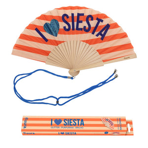 Fisura hand fan shown open, featuring  "I love siesta" design on bamboo ribs with a cord