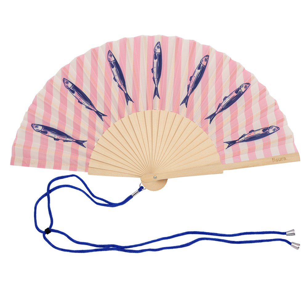 Fisura hand fan shown open, featuring  design on bamboo ribs with a cord
