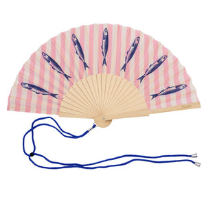 Fisura hand fan shown open, featuring  design on bamboo ribs with a cord