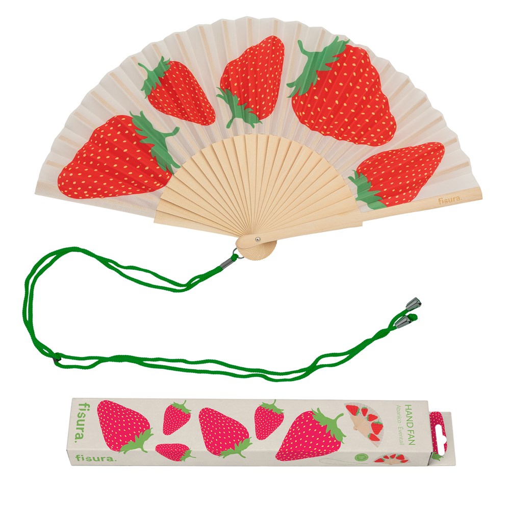 Fisura hand fan shown open, featuring  "strawberry" design on bamboo ribs with a cord