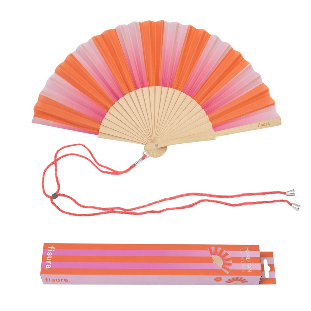 Fisura hand fan shown open, featuring  Orange and Pink stripe design on bamboo ribs with a cord