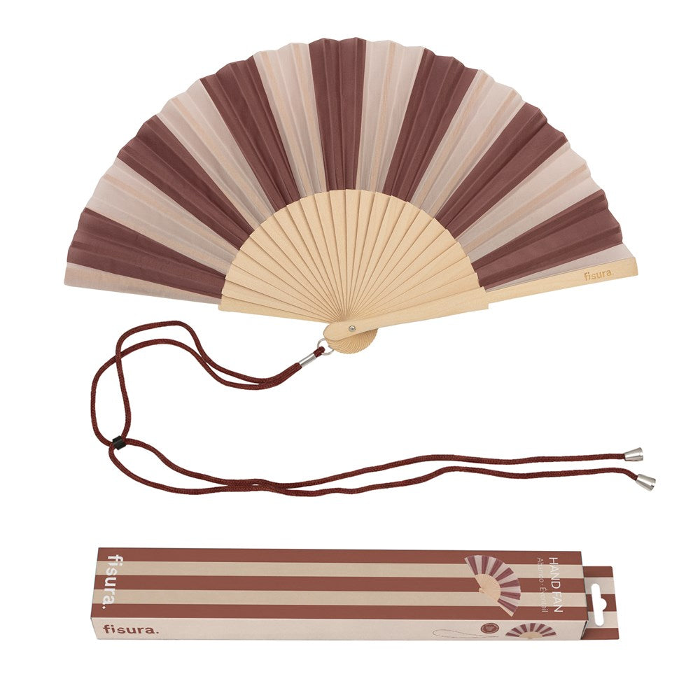 Fisura hand fan shown open, featuring  Brown & Beige stripe design on bamboo ribs with a cord
