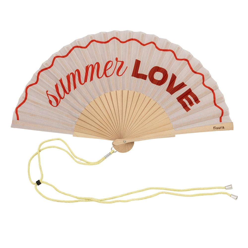 Fisura hand fan shown open, featuring  "summer love" design on bamboo ribs with a cord