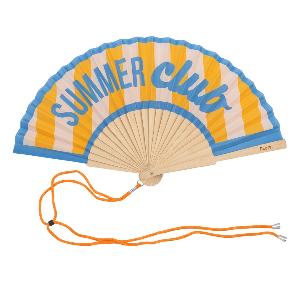 Fisura hand fan shown open, featuring  "summer club" design on bamboo ribs with a cord