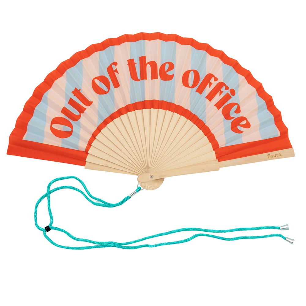 Fisura hand fan shown open, featuring  "out of the office" design on bamboo ribs with a cord