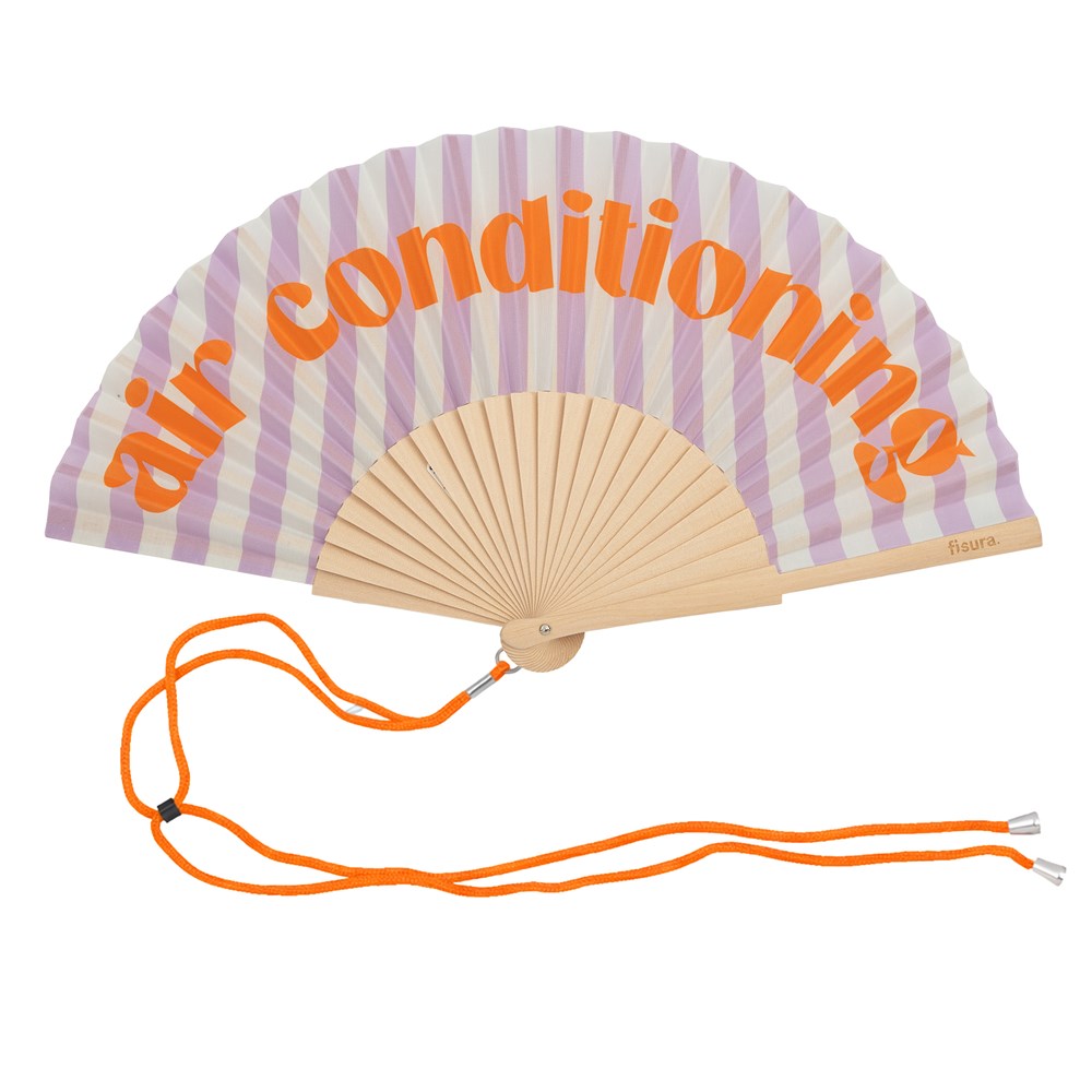 Fisura hand fan shown open, featuring  "air conditioning" design on bamboo ribs with a cord