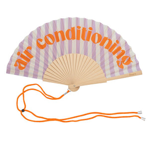Fisura hand fan shown open, featuring  "air conditioning" design on bamboo ribs with a cord