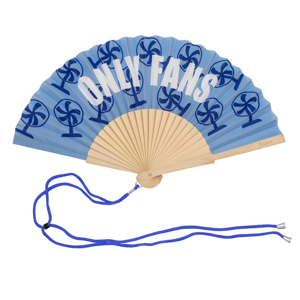 Fisura hand fan shown open, featuring  "only fans" design on bamboo ribs with a cord