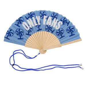Fisura hand fan shown open, featuring  "only fans" design on bamboo ribs with a cord