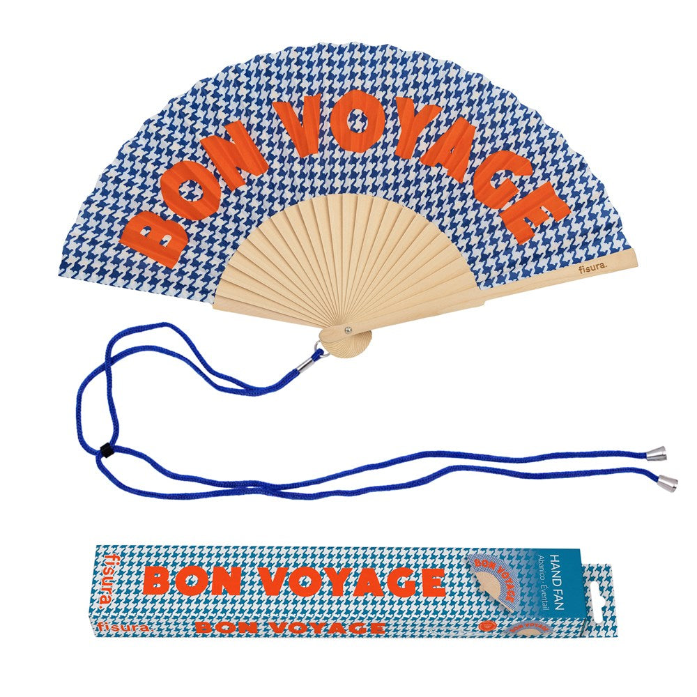 Fisura hand fan shown open, featuring  "Bon Voyage" design on bamboo ribs with a cord
