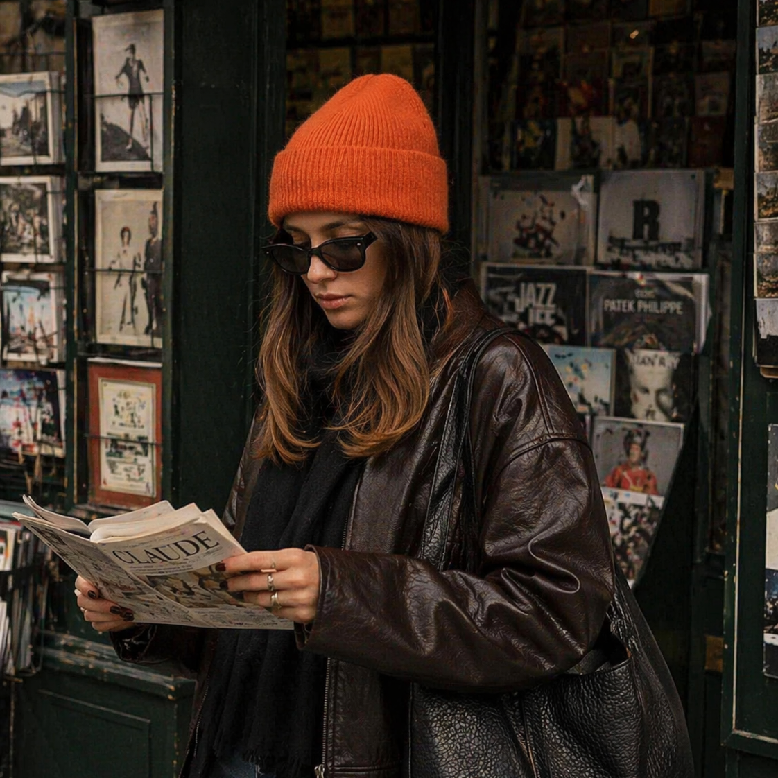 Woman wearing burnt orange knit beanie outdoors in Paris