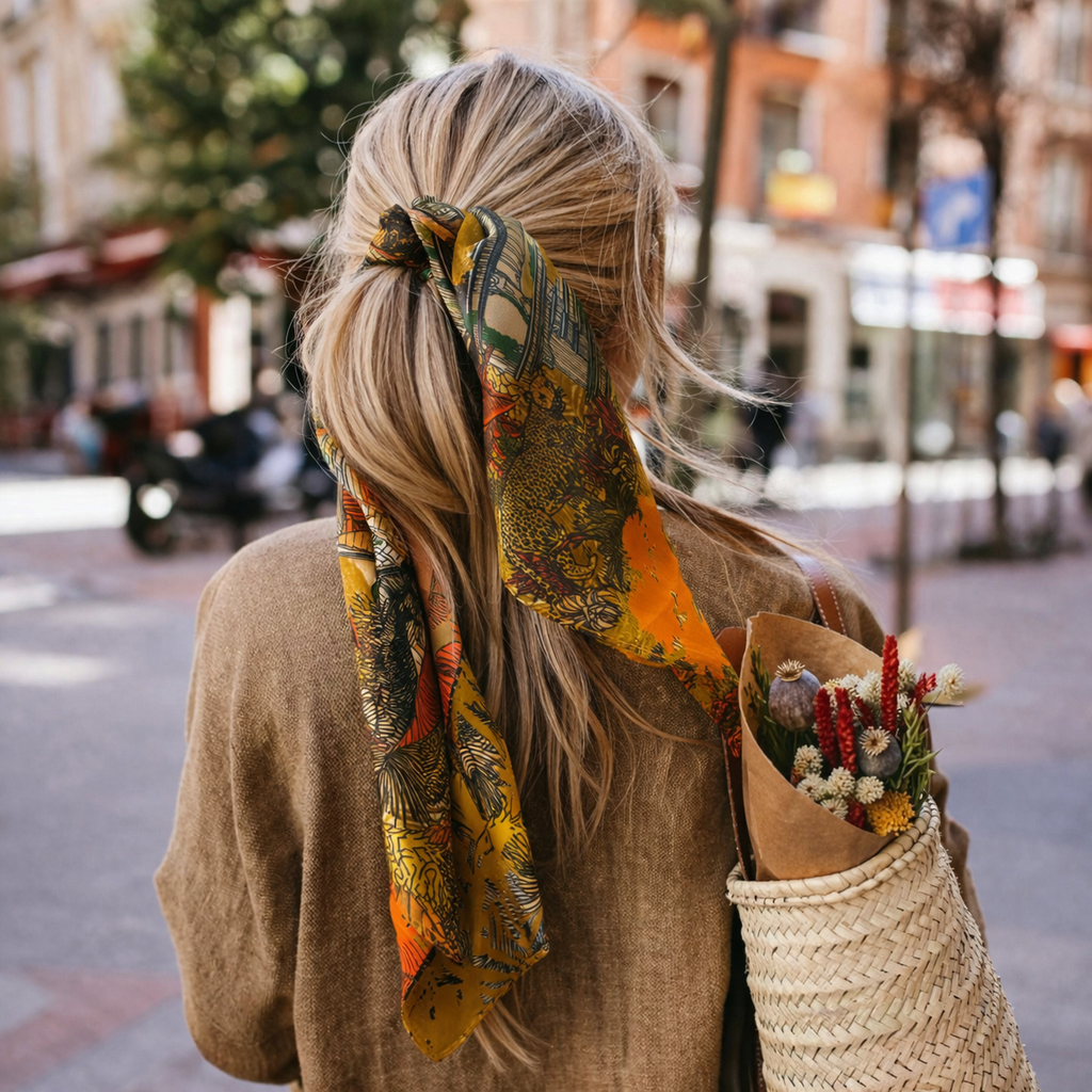 Maison Fanli silk scarf 90x90cm Tropical Temple Ochre worn in hair, styled in Paris street