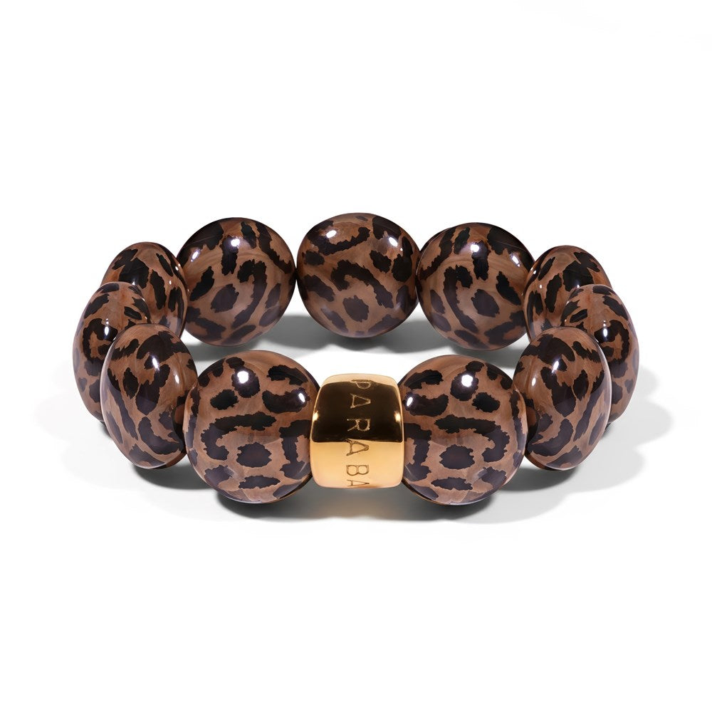 Parabaya Bombom resin bangle bracelet featuring leopard motif in hazelnut tones