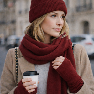Woman wearing fingerless knit mittens in burgundy